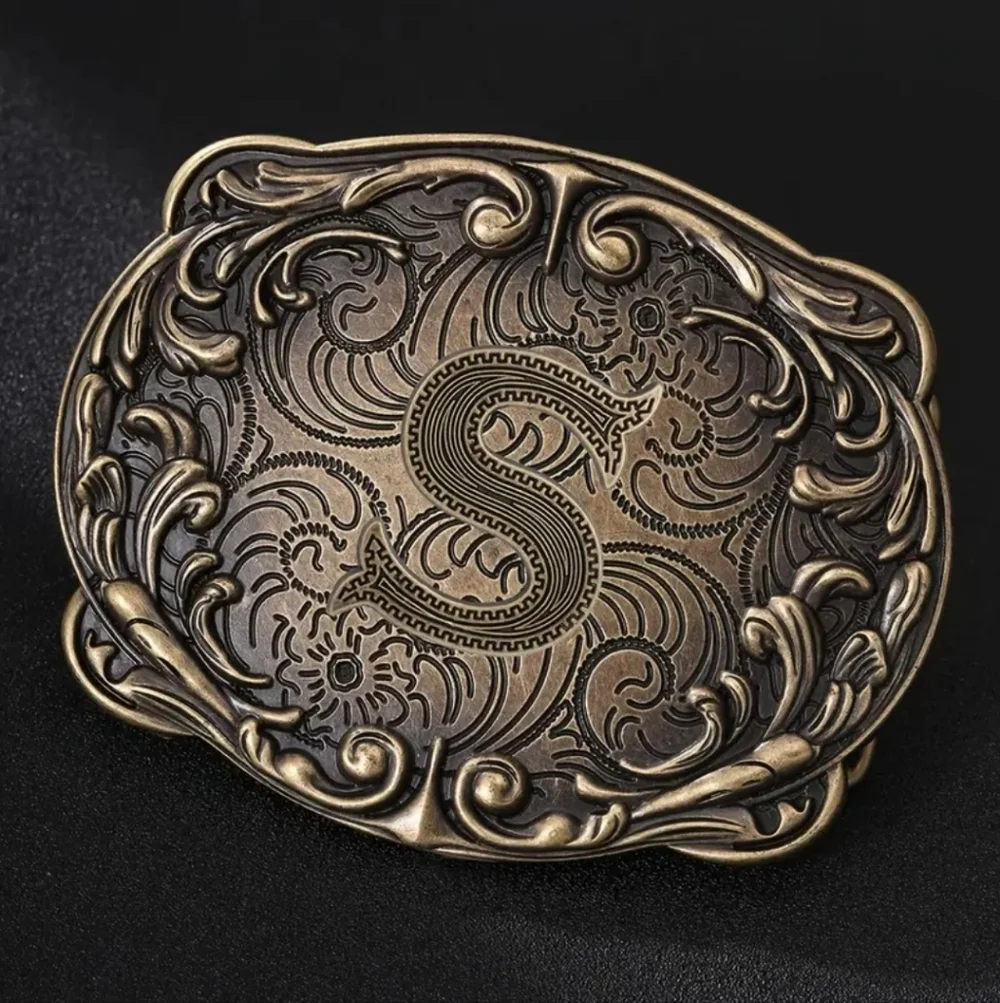 Western Initial “S” Belt Buckle – Monogram Floral Scroll – Cowboy Cowgirl